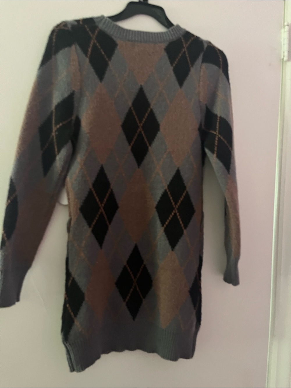 Women’s Argyle Crewneck Sweater Dress in Gray and Brown - Picture 2 of 7